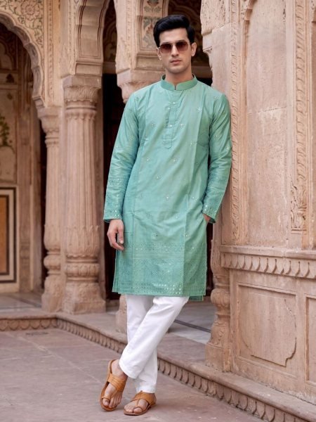 Intricate Mint Green Designer Embroidered Silk Kurta for Wedding Wear 