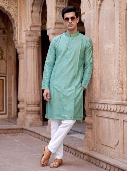 Intricate Mint Green Designer Embroidered Silk Kurta for Wedding Wear Kurta Pajama Wholesale