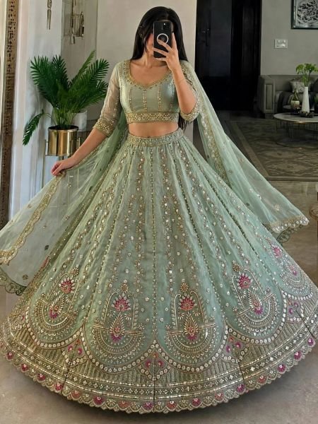 Intricate Mint Green Semi-Stitched Tabby Silk Lehenga Choli with Heavy Embroidery 