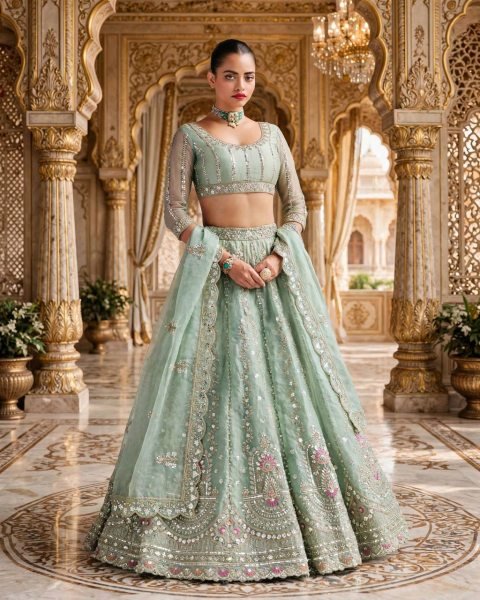 Intricate Mint Green Semi-Stitched Tabby Silk Lehenga Choli with Heavy Embroidery Designer Lehenga Choli