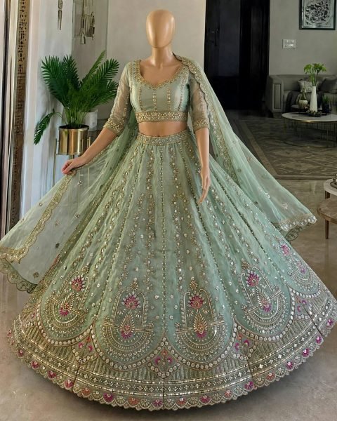 Intricate Mint Green Semi-Stitched Tabby Silk Lehenga Choli with Heavy Embroidery Designer Lehenga Choli