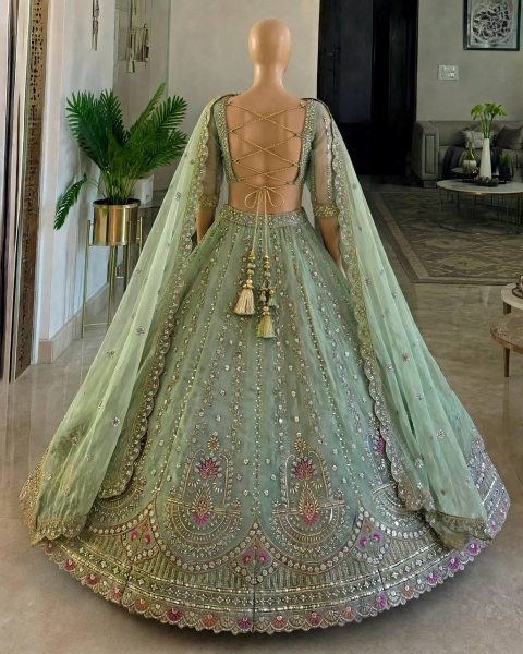 Intricate Mint Green Semi-Stitched Tabby Silk Lehenga Choli with Heavy Embroidery Designer Lehenga Choli
