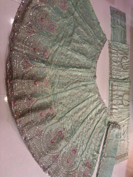 Intricate Mint Green Semi-Stitched Tabby Silk Lehenga Choli with Heavy Embroidery Designer Lehenga Choli