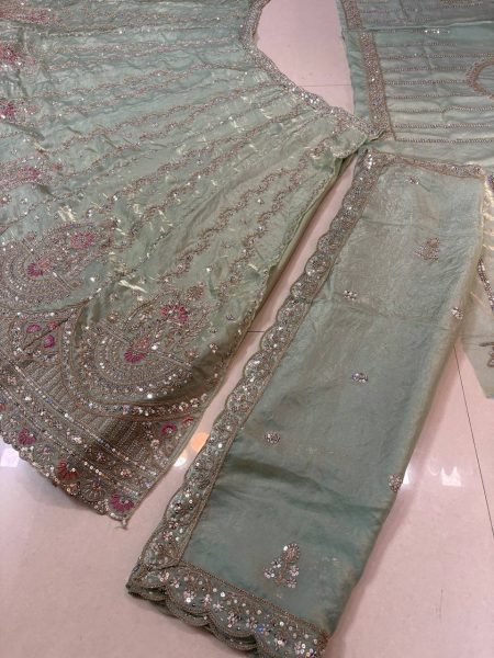 Intricate Mint Green Semi-Stitched Tabby Silk Lehenga Choli with Heavy Embroidery Designer Lehenga Choli
