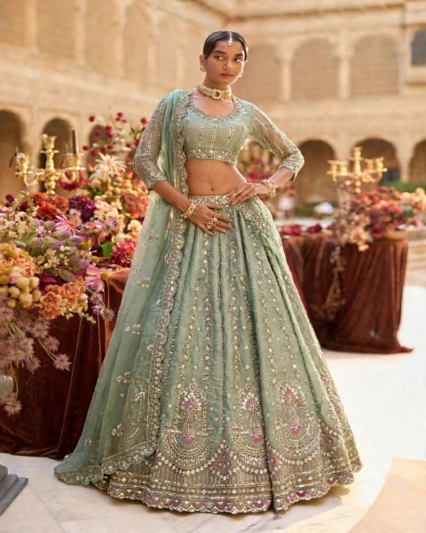 Intricate Mint Green Semi-Stitched Tabby Silk Lehenga Choli with Heavy Embroidery Designer Lehenga Choli