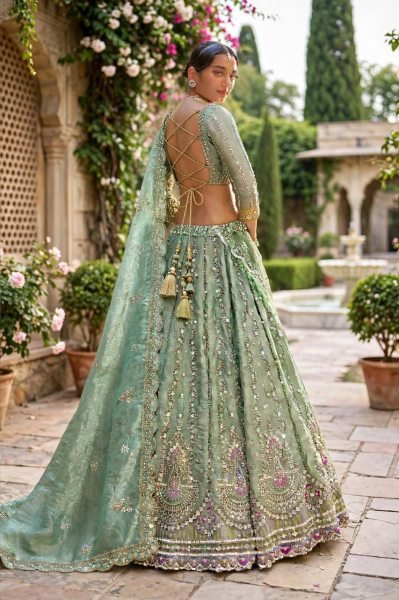 Intricate Mint Green Semi-Stitched Tabby Silk Lehenga Choli with Heavy Embroidery Designer Lehenga Choli