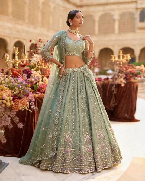 Intricate Mint Green Semi-Stitched Tabby Silk Lehenga Choli with Heavy Embroidery Designer Lehenga Choli