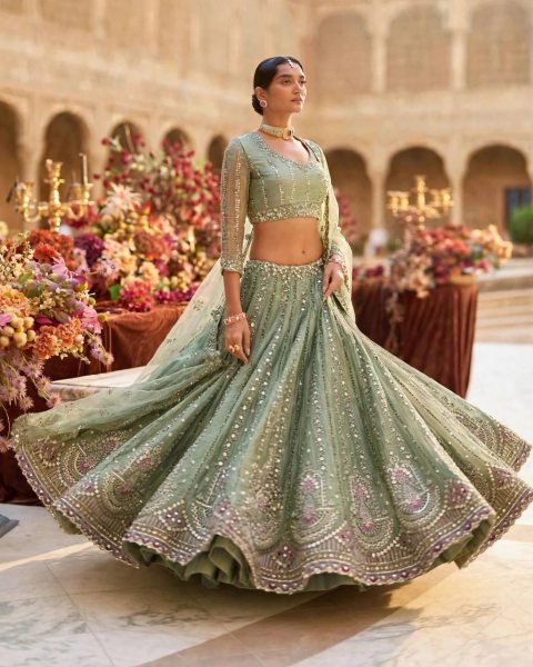 Intricate Mint Green Semi-Stitched Tabby Silk Lehenga Choli with Heavy Embroidery Designer Lehenga Choli