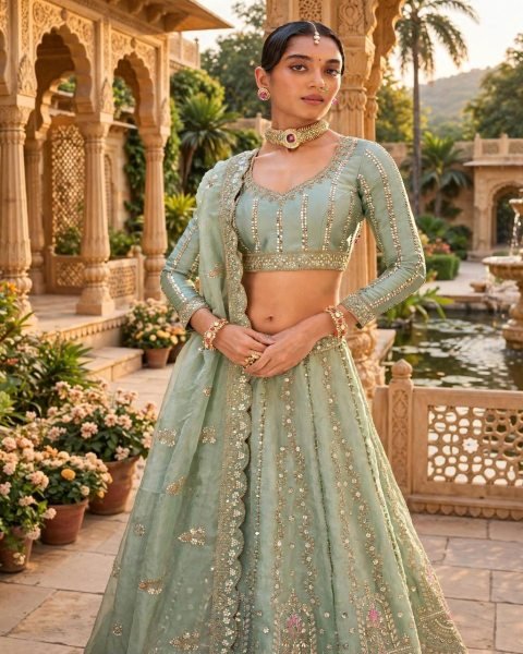 Intricate Mint Green Semi-Stitched Tabby Silk Lehenga Choli with Heavy Embroidery Designer Lehenga Choli