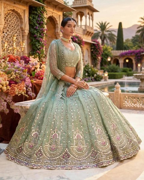 Intricate Mint Green Semi-Stitched Tabby Silk Lehenga Choli with Heavy Embroidery Designer Lehenga Choli