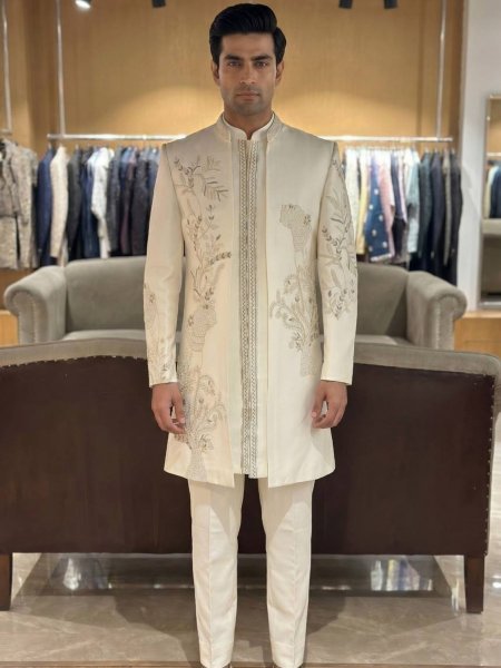 Intricate OffWhite Premium Heavy Armani Indo Western Outfit for Men