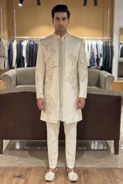 Intricate OffWhite Premium Heavy Armani Indo Western Outfit for Men Kurta Pajama Wholesale