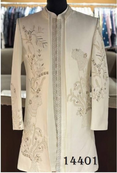 Intricate OffWhite Premium Heavy Armani Indo Western Outfit for Men Kurta Pajama Wholesale