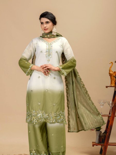 Intricate Olive Green Star Georgette Kurti Set with Heavy Front Embroidery and Matching Palazzo  Ready To Wear Suit