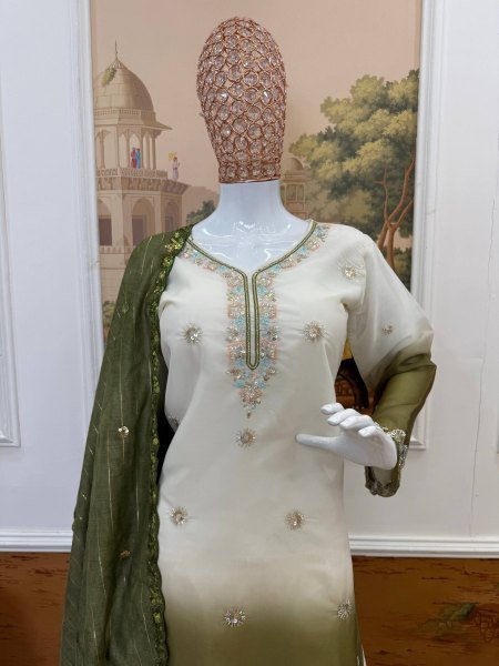 Intricate Olive Green Star Georgette Kurti Set with Heavy Front Embroidery and Matching Palazzo  Ready To Wear Collection