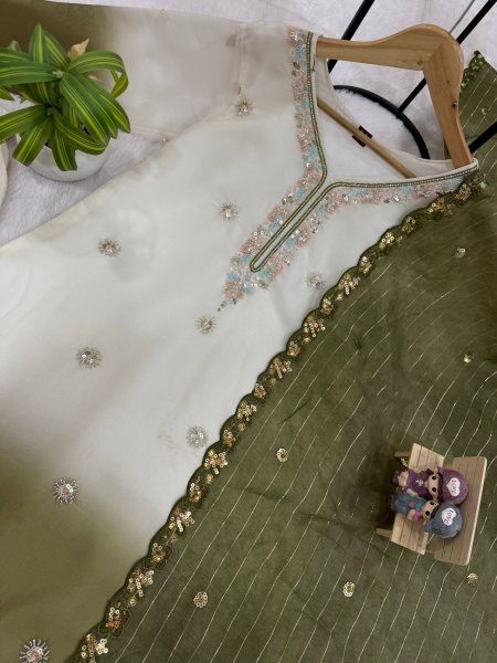 Intricate Olive Green Star Georgette Kurti Set with Heavy Front Embroidery and Matching Palazzo  Ready To Wear Collection