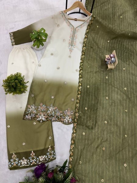Intricate Olive Green Star Georgette Kurti Set with Heavy Front Embroidery and Matching Palazzo  Ready To Wear Collection