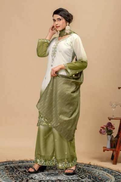 Intricate Olive Green Star Georgette Kurti Set with Heavy Front Embroidery and Matching Palazzo  Ready To Wear Collection