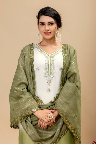 Intricate Olive Green Star Georgette Kurti Set with Heavy Front Embroidery and Matching Palazzo  Ready To Wear Collection