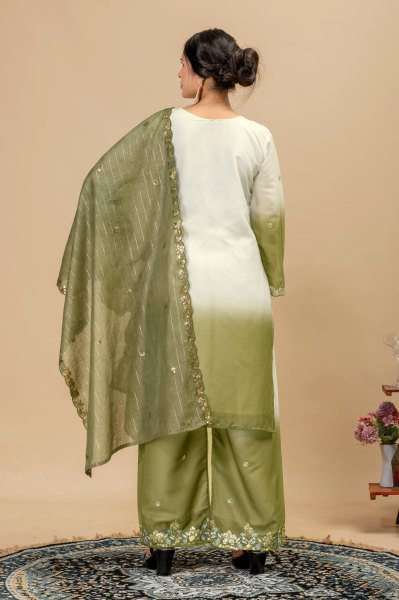 Intricate Olive Green Star Georgette Kurti Set with Heavy Front Embroidery and Matching Palazzo  Ready To Wear Collection