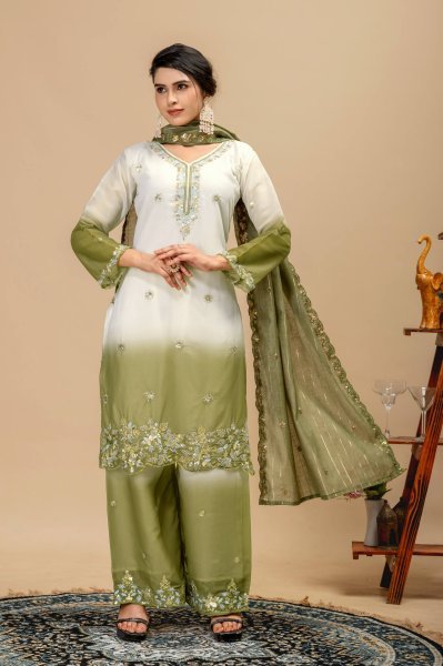 Intricate Olive Green Star Georgette Kurti Set with Heavy Front Embroidery and Matching Palazzo  Ready To Wear Collection