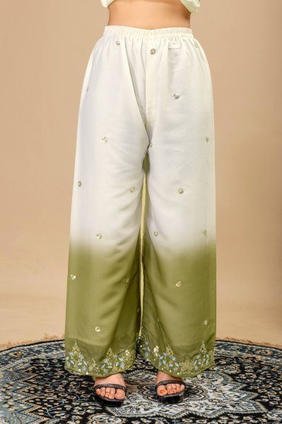Intricate Olive Green Star Georgette Kurti Set with Heavy Front Embroidery and Matching Palazzo  Ready To Wear Collection