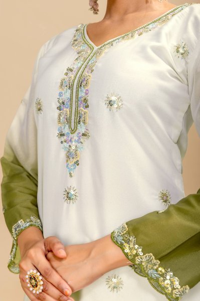 Intricate Olive Green Star Georgette Kurti Set with Heavy Front Embroidery and Matching Palazzo  Ready To Wear Collection