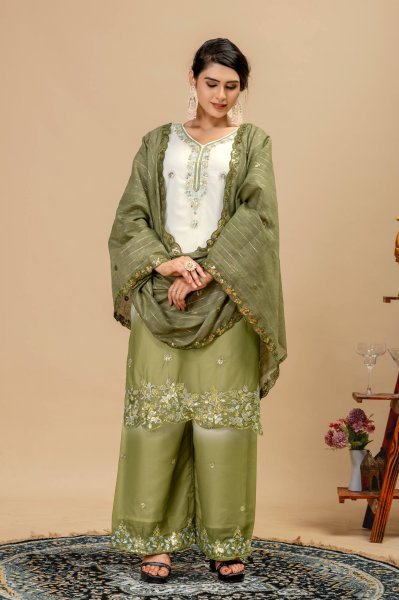 Intricate Olive Green Star Georgette Kurti Set with Heavy Front Embroidery and Matching Palazzo  Ready To Wear Collection
