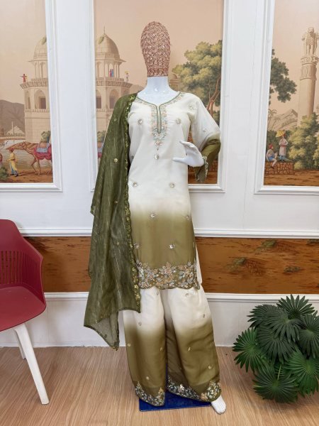 Intricate Olive Green Star Georgette Kurti Set with Heavy Front Embroidery and Matching Palazzo  Ready To Wear Collection
