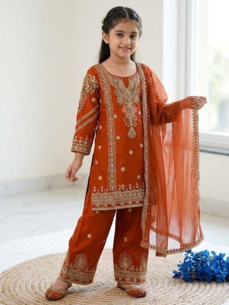 Intricate Orange Girls Sharara Set with Embroidery Work for Wedding Wear Kurtis