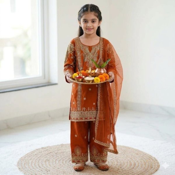 Intricate Orange Girls Sharara Set with Embroidery Work for Wedding Wear Girls Wear