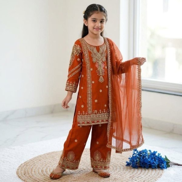 Intricate Orange Girls Sharara Set with Embroidery Work for Wedding Wear Girls Wear