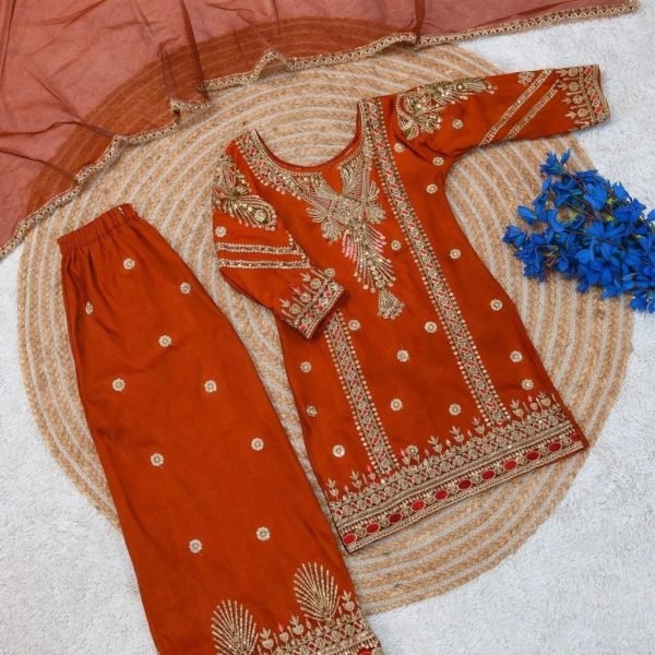 Intricate Orange Girls Sharara Set with Embroidery Work for Wedding Wear Girls Wear