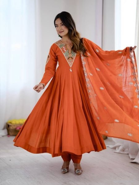 Intricate Orange Roman Silk Designer Gown Set with Full Sleeve Embroidery at Wholeslae Rate 