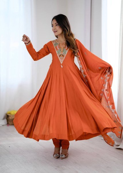 Intricate Orange Roman Silk Designer Gown Set with Full Sleeve Embroidery at Wholeslae Rate Ready To Wear Collection