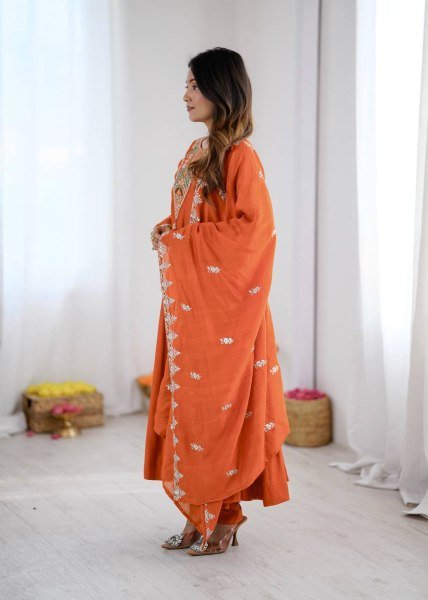 Intricate Orange Roman Silk Designer Gown Set with Full Sleeve Embroidery at Wholeslae Rate Ready To Wear Collection