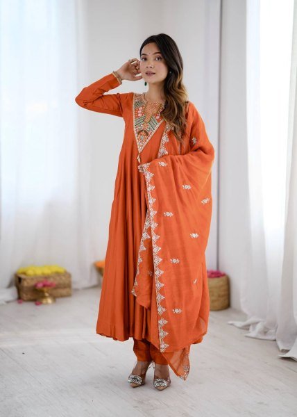 Intricate Orange Roman Silk Designer Gown Set with Full Sleeve Embroidery at Wholeslae Rate Ready To Wear Collection