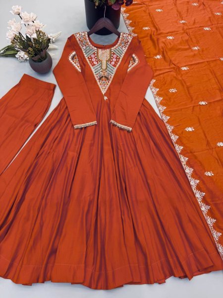 Intricate Orange Roman Silk Designer Gown Set with Full Sleeve Embroidery at Wholeslae Rate Ready To Wear Collection
