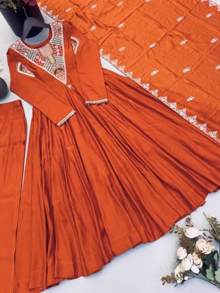 Intricate Orange Roman Silk Designer Gown Set with Full Sleeve Embroidery at Wholeslae Rate Ready To Wear Collection