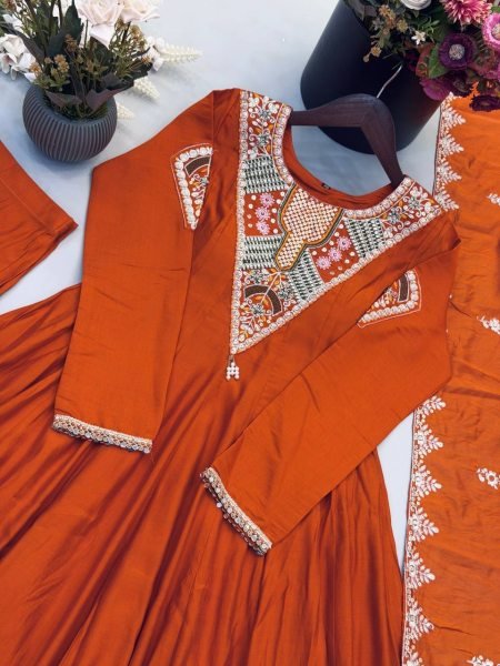 Intricate Orange Roman Silk Designer Gown Set with Full Sleeve Embroidery at Wholeslae Rate Ready To Wear Collection