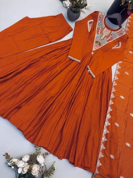 Intricate Orange Roman Silk Designer Gown Set with Full Sleeve Embroidery at Wholeslae Rate Ready To Wear Collection
