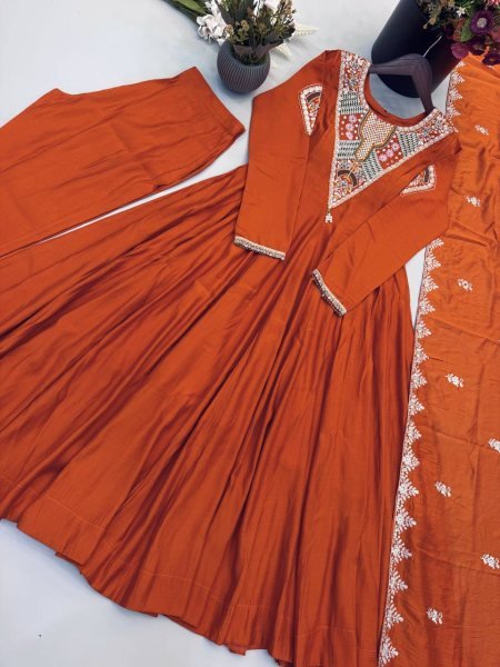 Intricate Orange Roman Silk Designer Gown Set with Full Sleeve Embroidery at Wholeslae Rate Ready To Wear Collection