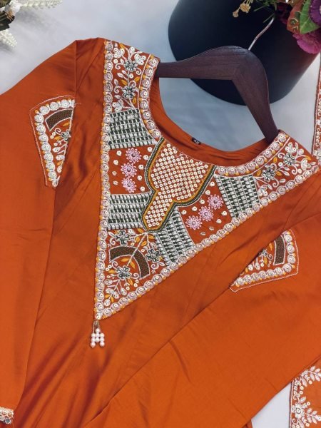 Intricate Orange Roman Silk Designer Gown Set with Full Sleeve Embroidery at Wholeslae Rate Ready To Wear Collection