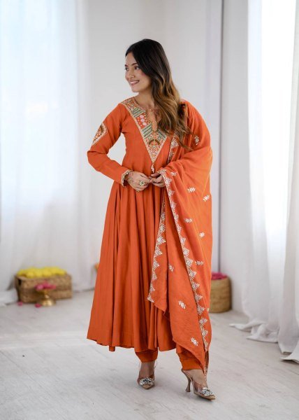 Intricate Orange Roman Silk Designer Gown Set with Full Sleeve Embroidery at Wholeslae Rate Ready To Wear Collection