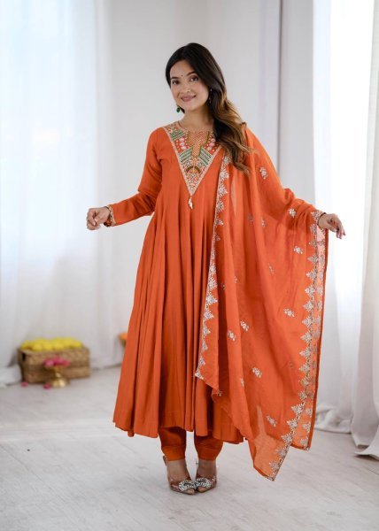 Intricate Orange Roman Silk Designer Gown Set with Full Sleeve Embroidery at Wholeslae Rate Ready To Wear Collection