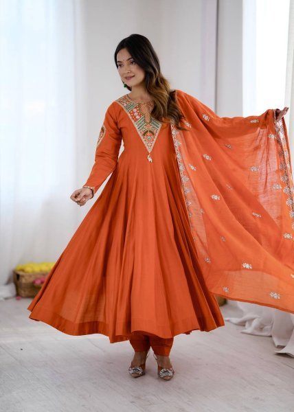 Intricate Orange Roman Silk Designer Gown Set with Full Sleeve Embroidery at Wholeslae Rate Ready To Wear Collection
