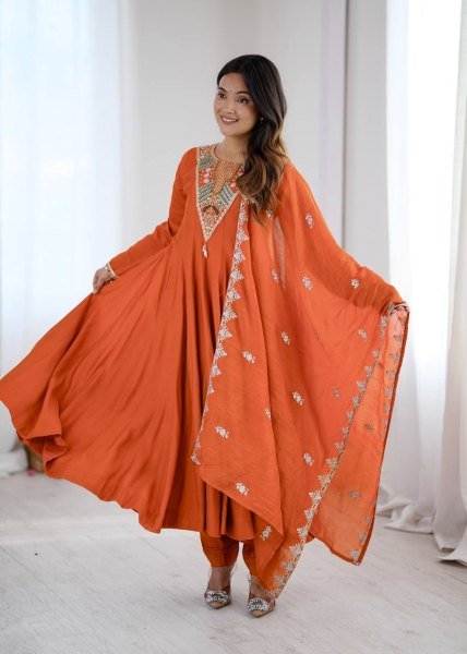 Intricate Orange Roman Silk Designer Gown Set with Full Sleeve Embroidery at Wholeslae Rate Ready To Wear Collection