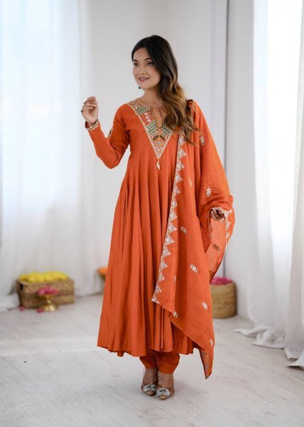 Intricate Orange Roman Silk Designer Gown Set with Full Sleeve Embroidery at Wholeslae Rate Ready To Wear Collection
