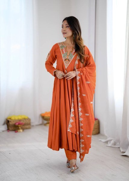 Intricate Orange Roman Silk Designer Gown Set with Full Sleeve Embroidery at Wholeslae Rate Ready To Wear Collection