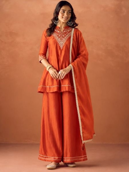 Intricate Orange Vichitra Silk Kurti Palazzo Dupatta Set with Embroidery Work Kurtis